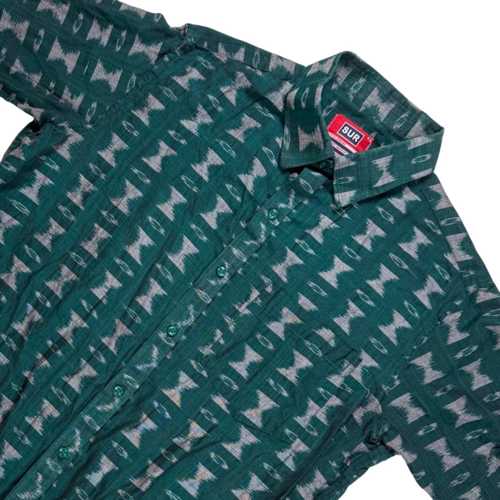 SUR Mens Short Sleeve‎ Cotton Button Down Shirt Green Ikat Geometric Pattern 42